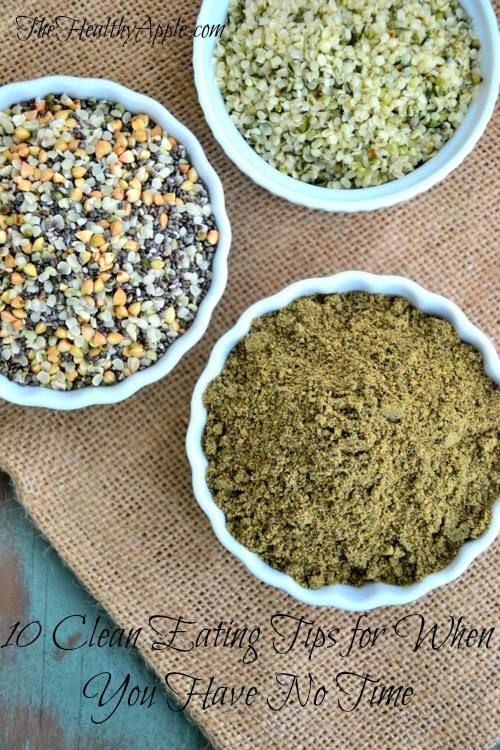 10 Clean Eating Tips for When You Have No Time || A spread of ingredients in small bowls on a burlap placemat.