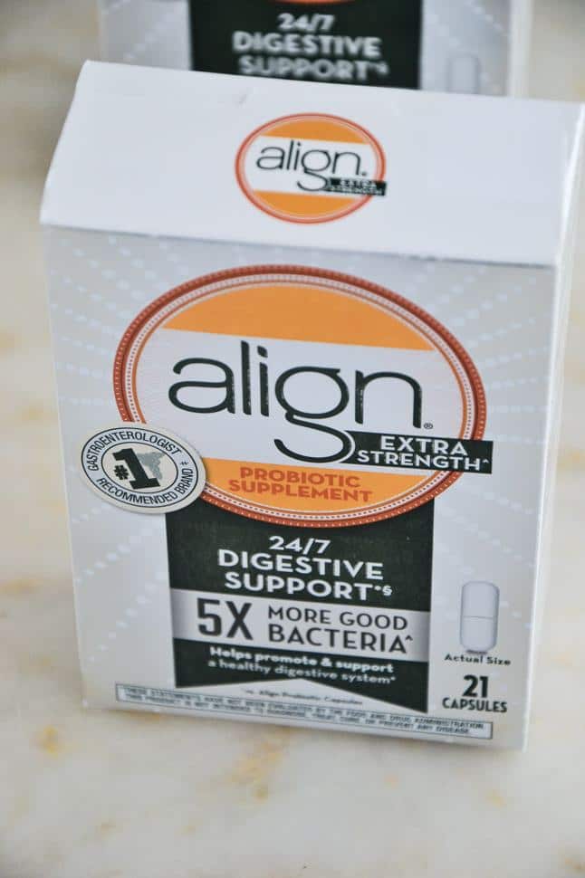 a box of align probiotics on a marble table.