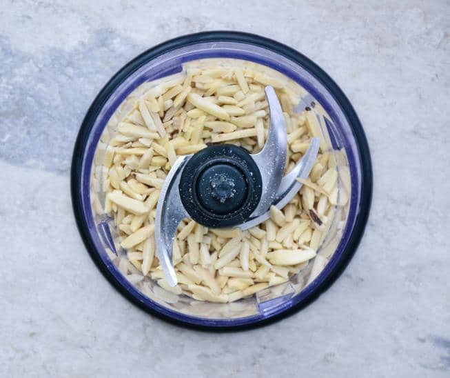Almonds in a food processor for almond flour.