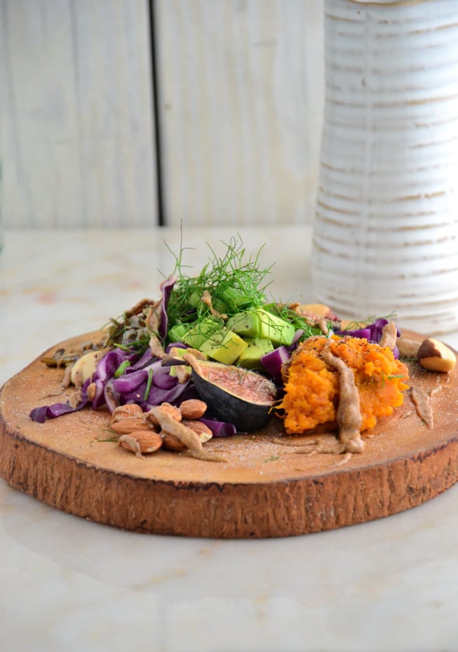 This Cold Tapas Party is filled with fresh figs, almonds, avocado, sweet potato, fennel and so much more on a gorgeous wooden platter.