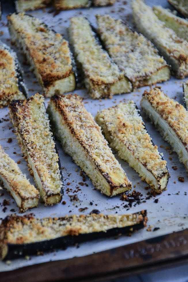 Roasted eggplant fries crispy right out of the oven.