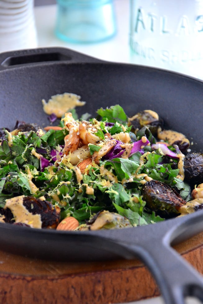 This Roasted Brussels Sprouts with Balsamic Glaze is loaded with tender veggies and garlic in a heavy cast iron skillet.