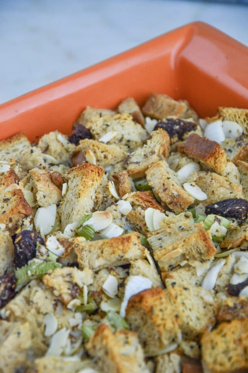 Fresh-baked gluten-free stuffing with almond slivers, celery bits, and dried apricots.