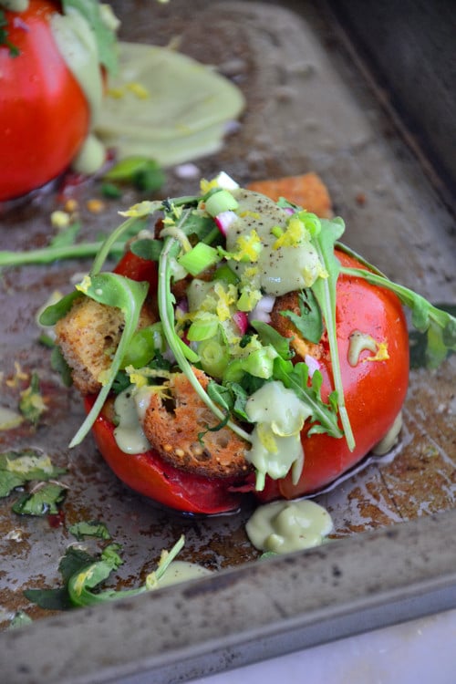 Garden Herb Stuffed Tomatoes with 'Creamy' Avocado Drizzle