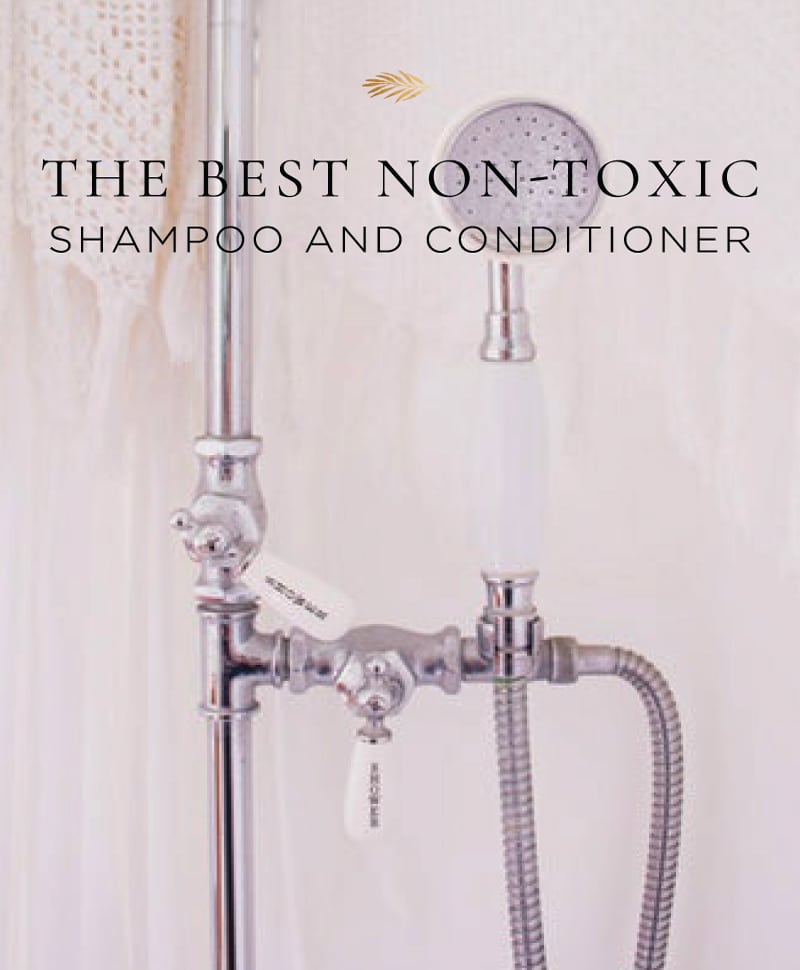 non-toxic shampoo and conditioner in a marble shower.